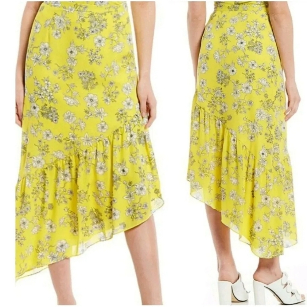 Yellow Gianni Bini Floral Tiered Ruffle Asymmetrical Midi Skirt Size Medium